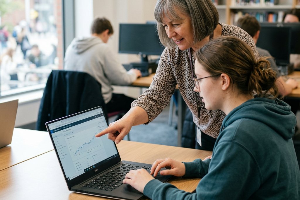 Teacher pointing at line graph on student's laptop while explaining