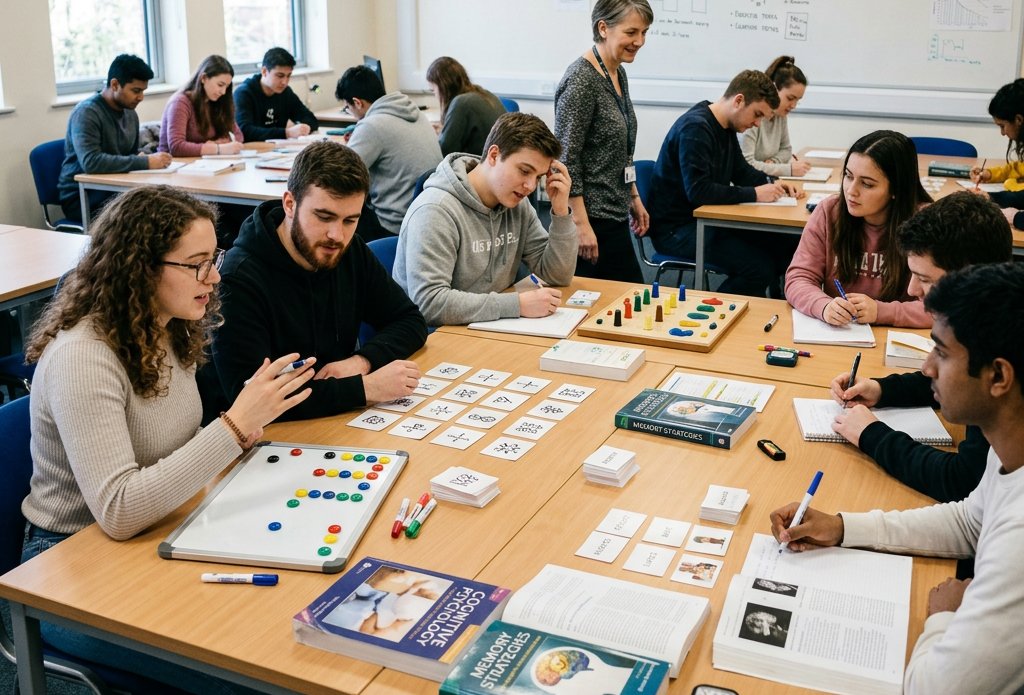 Students and instructor working on memory strategy exercises and taking notes in classroom