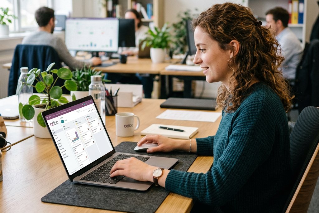 Woman using project management software on laptop in office.